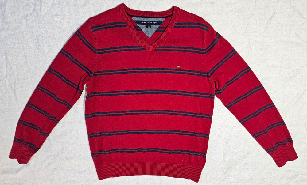 Tommy Hilfiger V-Neck Sweater Mens LG Red Blue Striped Long Sleeve Knit Pullover